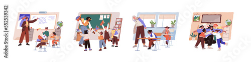 Teacher and children in class set. Elementary school kids learning, studying at lessons in classroom. Happy primary schoolchildren, pupils. Flat vector illustrations isolated on white background