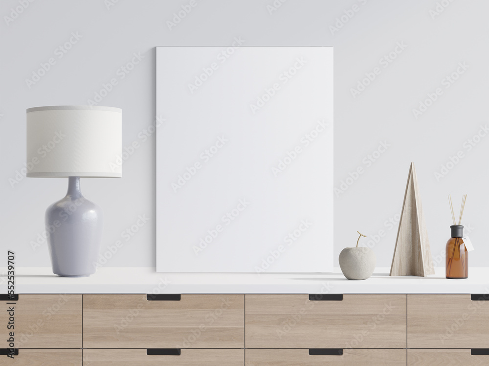 Canvas on Shelf with Lamp and Decoration, mockup