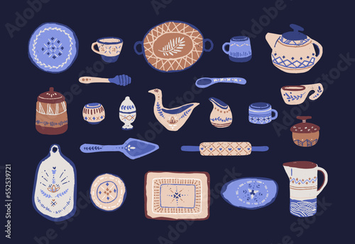 Hand-made ceramics, pottery set. Painted clay crockery, tableware. Porcelain dinnerware. Crock ware collection. Handmade dishes, cups, tea pot, spoon, tray, plates. Isolated flat vector illustrations