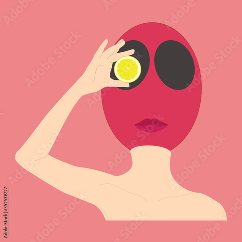Character with human shoulders and hand in beige color with lines to emphasize the shapes, raspberry ball head with big empty eyes holding a lemon, vector isolated on pink background.