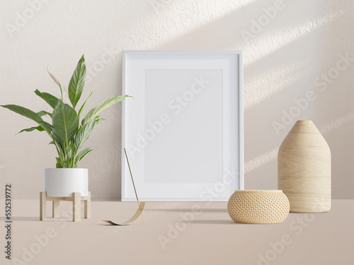 blank frame on shelf with plant and decoration  mockup