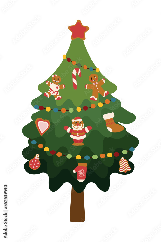 A festive Christmas tree decorated with gingerbread. Christmas tree. A festive Christmas tree decorated with gingerbread. Christmas tree.
