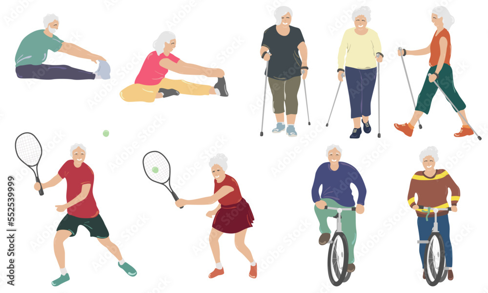 Old people do tennis, yoga, Nordic walking and cycling. Useful outdoor active recreation, flat vector illustration on white background.