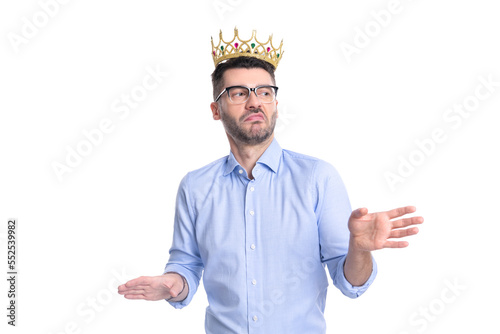 studio shot of arrogant businessman in crown. arrogant businessman in crown isolated on white photo