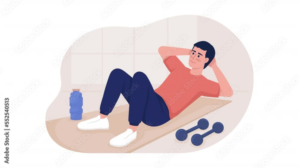 Animated isolated man do abs workout. Looped flat 2D character HD video footage. Training colorful animation on white background with alpha channel transparency for website, social media Animated isolated man do abs workout. Looped flat 2D character HD video footage. Training colorful animation on white background with alpha channel transparency for website, social media