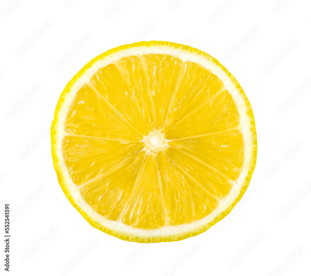 Top view of textured ripe slice of lemon citrus fruit isolated on transparent png - obrazy, fototapety, plakaty 