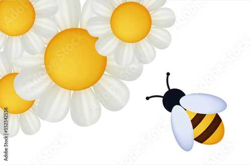 One bee with chamomile, daisy 3d. An insect collects nectar, pollen on flowers in a garden or field. Flight top view. Honey bee, wild wasp, bumblebee in the apiary. Active labor, pollination. Vector.