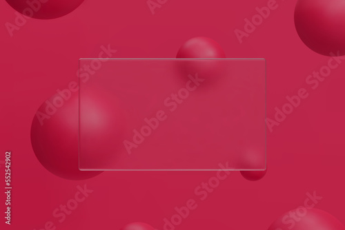 3d abstract background. Glassmorphism concept with geometric shapes - sphere, ball, bubble. Frosted glass effect. Trendy viva magenta color 2023 year. Vector illustration realistic glass morphism