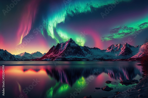 A stunning panorama of the lake and the mountains, illuminated by the dancing Northern Lights, may be seen at this location. Generative AI