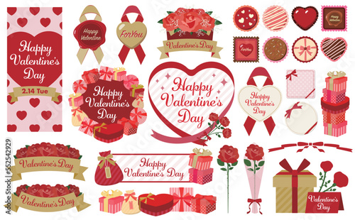 プレゼントやチョコレート・花をあしらったのバレンタインのハートリボンフレーム_ベクターセット素材_赤