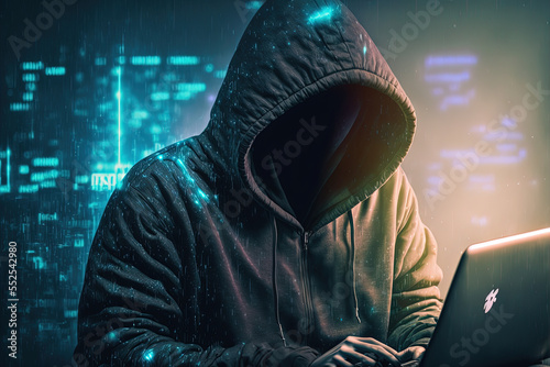 Hacker in a hood on dark blue digital background.	 Digital artwork