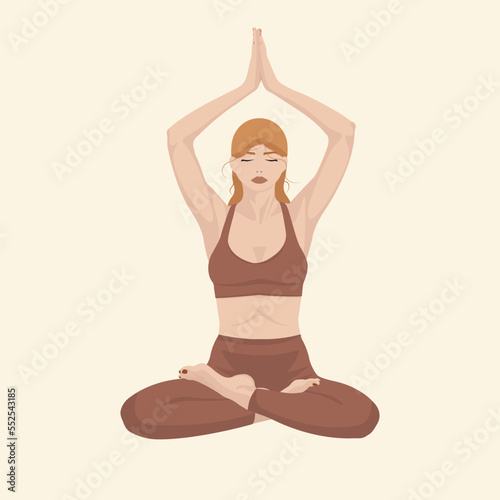 Woman with red hair, doing yoga lotus pose. Flat vector illustration