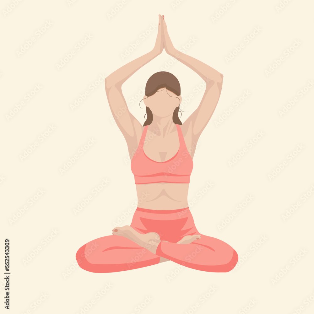 Faceless woman in pink clothes, doing yoga lotus pose. Flat vector illustration