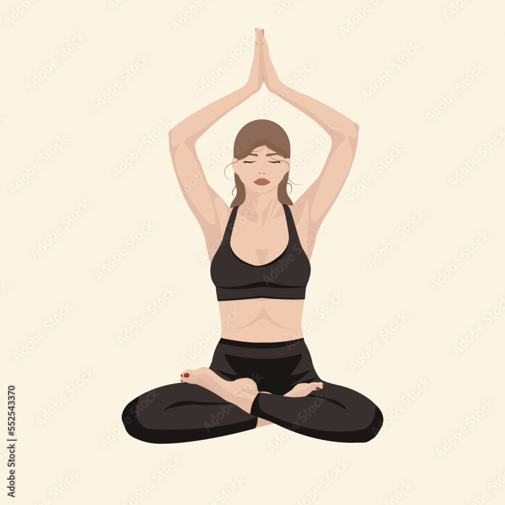 Woman in black clothes, doing yoga lotus pose. Flat vector illustration