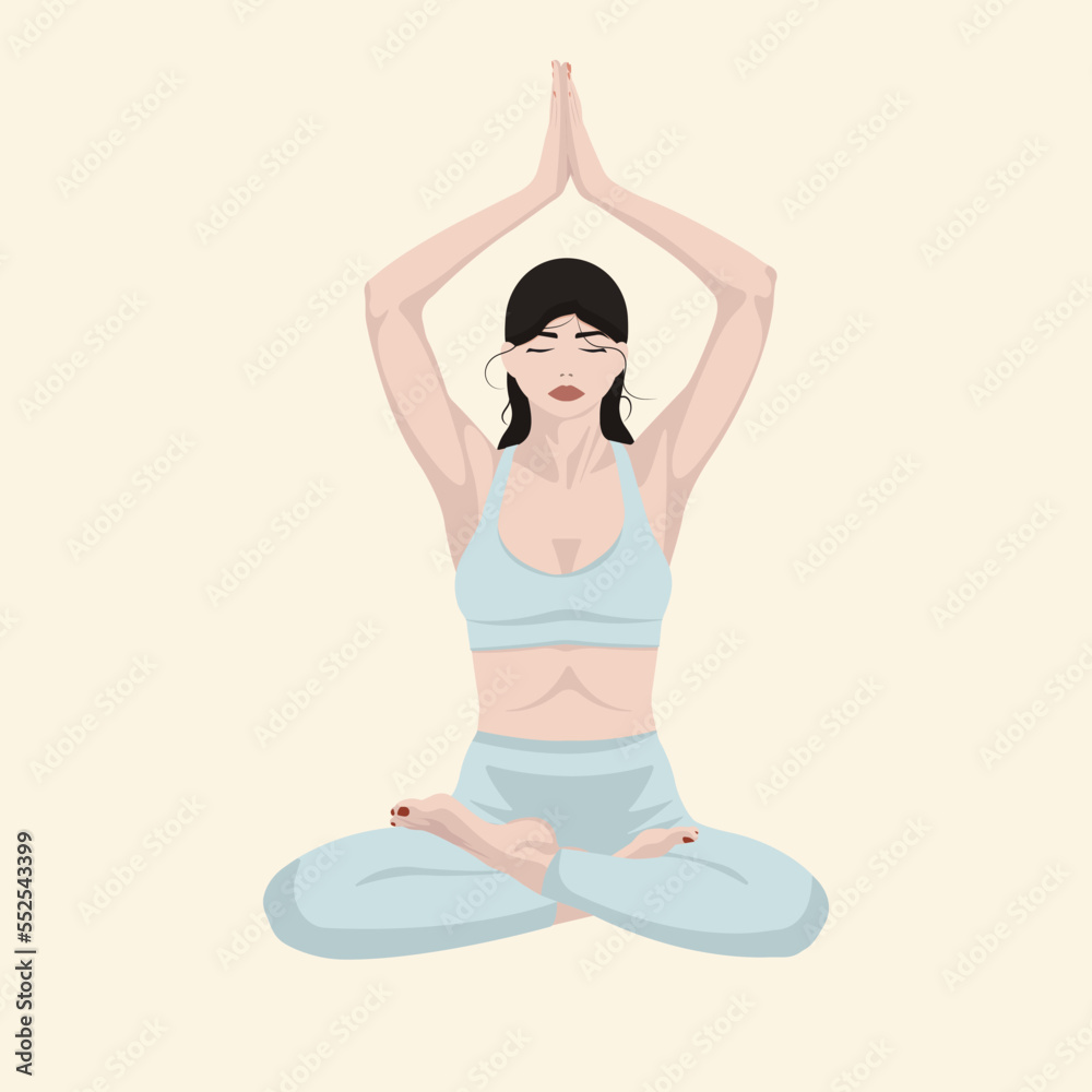 Woman with black hair, white skin and blue clothes, doing yoga lotus pose. Flat vector illustration Woman with black hair, white skin and blue clothes, doing yoga lotus pose. Flat vector illustration