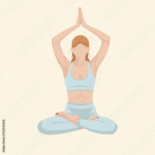 Faceless woman with red hair and blue clothes, doing yoga lotus pose. Flat vector illustration