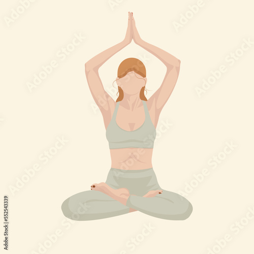 Faceless woman with red hair and green clothes, doing yoga lotus pose. Flat vector illustration