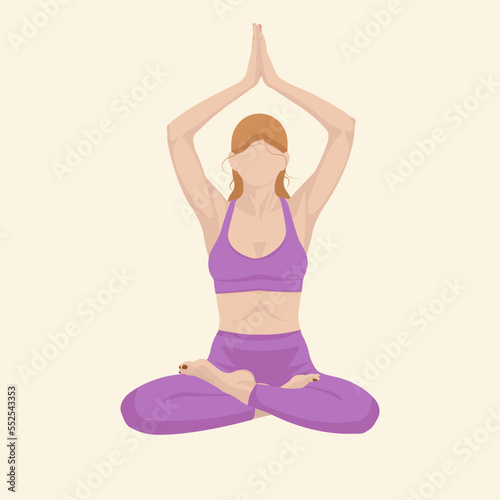Faceless woman with red hair and purple clothes, doing yoga lotus pose. Flat vector illustration