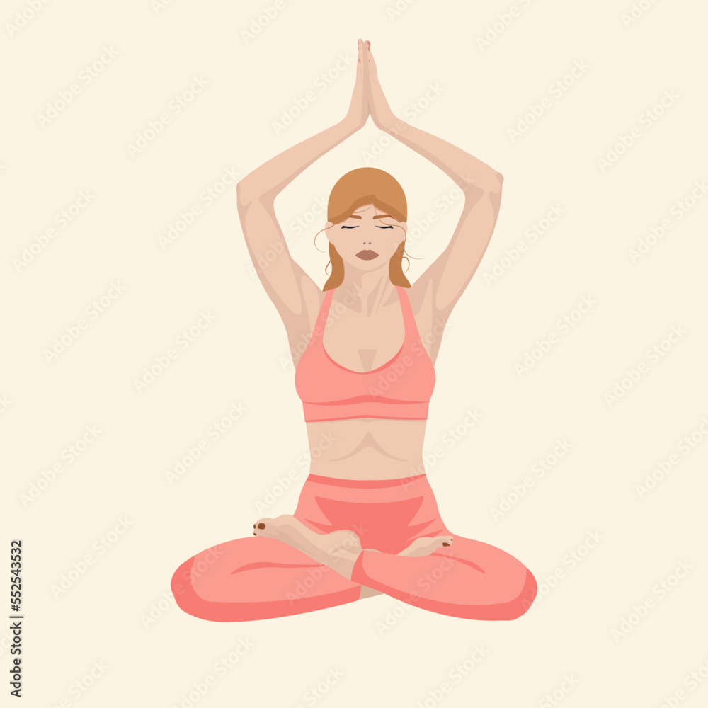Woman with red hair and pink clothes, doing yoga lotus pose. Flat vector illustration Woman with red hair and pink clothes, doing yoga lotus pose. Flat vector illustration