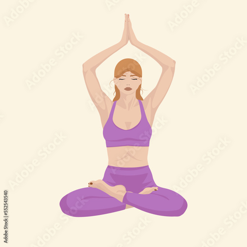 Woman with red hair and purple clothes, doing yoga lotus pose. Flat vector illustration