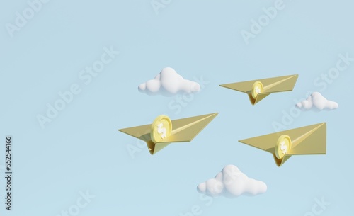 A toy paper plane flies in the sky with beautiful clouds and coins floating in the air. Airline travel theme. 3D rendering.