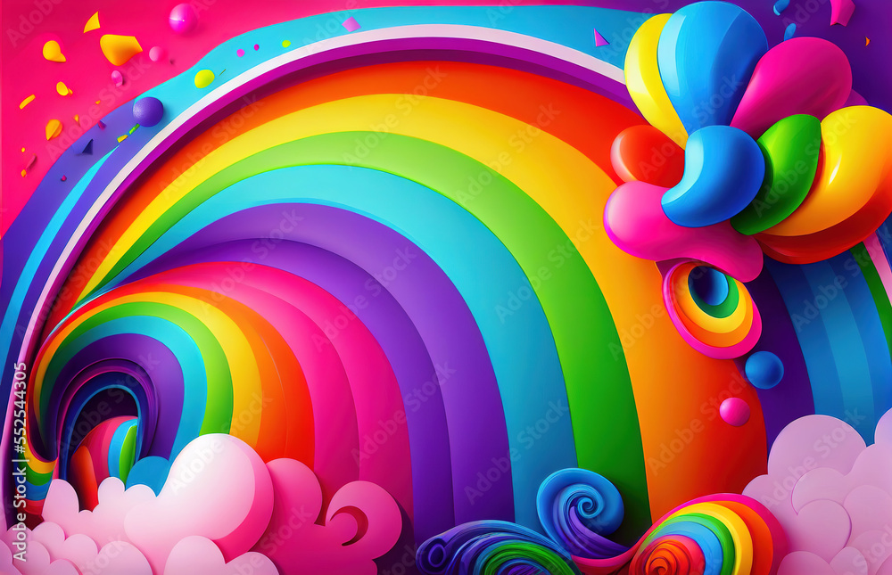 Vibrant happy birthday or anniversary party visual: Mesmerizing rainbow swirls, playful 3D balloons, and whimsical details, perfect for celebratory moments  generative ai   