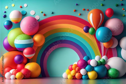 Birthday greeting or  anniversary party in motion with full of colorful balloons with rainbow colors , use it as a background or greeting or setup party room.  Generative Ai      