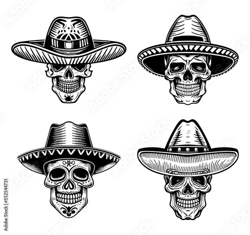 Set of skulls in sombrero