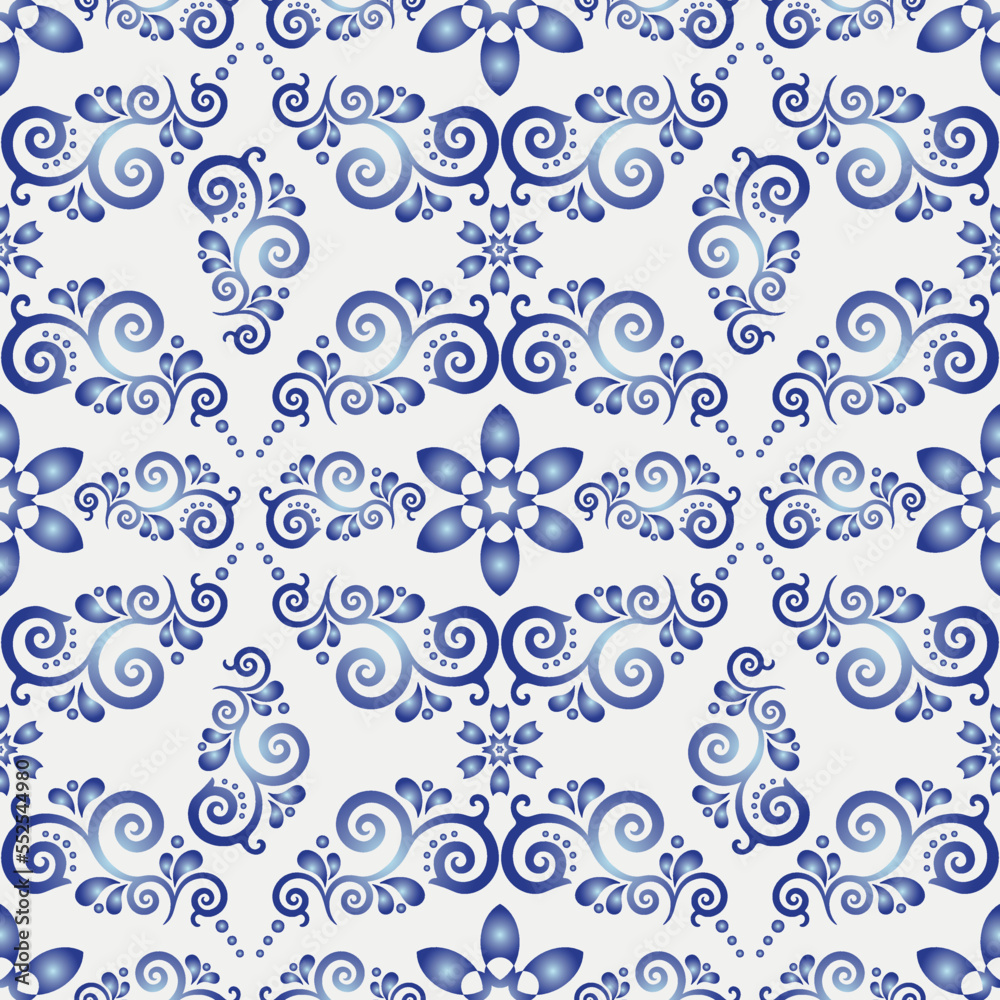 White-and-blue elegance seamless geometric gradient floral pattern in style gzhel , vector