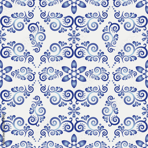 White-and-blue elegance seamless geometric gradient floral pattern in style gzhel , vector