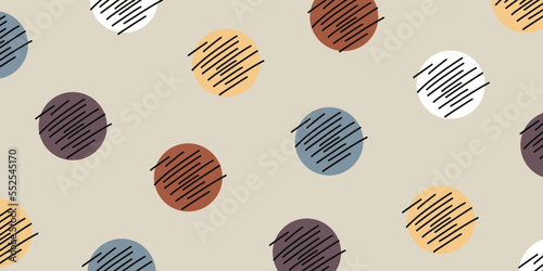 Abstract hand drawn doodle childish style vector polka dots background. Simple circles with line scribble pattern. Irregular freehand dotted festive banner template in neutral pastel colors.
