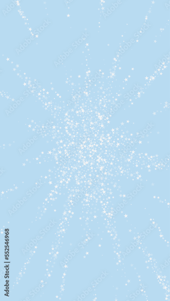 Snowy christmas background. Subtle flying snow flakes and stars on light blue winter backdrop. Delicate sweet snowy christmas. Vertical vector illustration. Snowy christmas background. Subtle flying snow flakes and stars on light blue winter backdrop. Delicate sweet snowy christmas. Vertical vector illustration.
