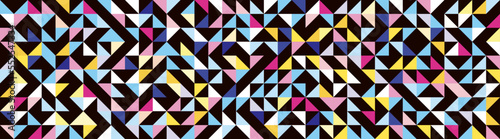 Abstract modern wide background with geometric shapes. Bauhaus style. Colorful seamless pattern. Triangle pattern strip. Design in minimal flat style. Vector illustration