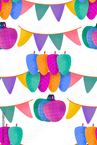Filipino fiesta kiping leaf-shaped wafer layered strips, banderitas, and abaniko illustrated pattern
