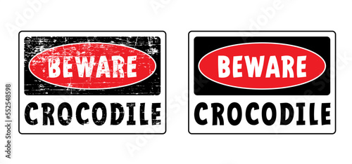 Stop, beware of crocodile or caiman sigboard. Cartoon crocodilian or carnivore reptile warning sign for beach, river people in the water or ocean zone. Stickman swimming. Alligator, no swim area
