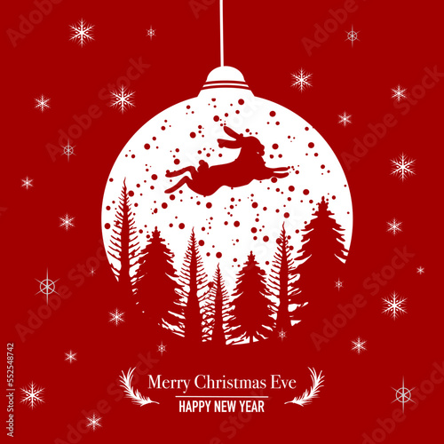 Christmas Eve silhouette vector with Christmas tree, Rabbit, Christmas ball and red backgrounds.
