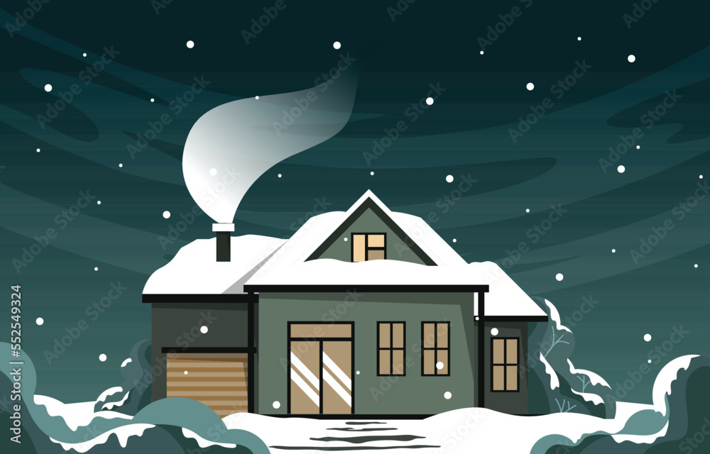 Fototapeta premium House Home in Night Snow Fall Winter Illustration