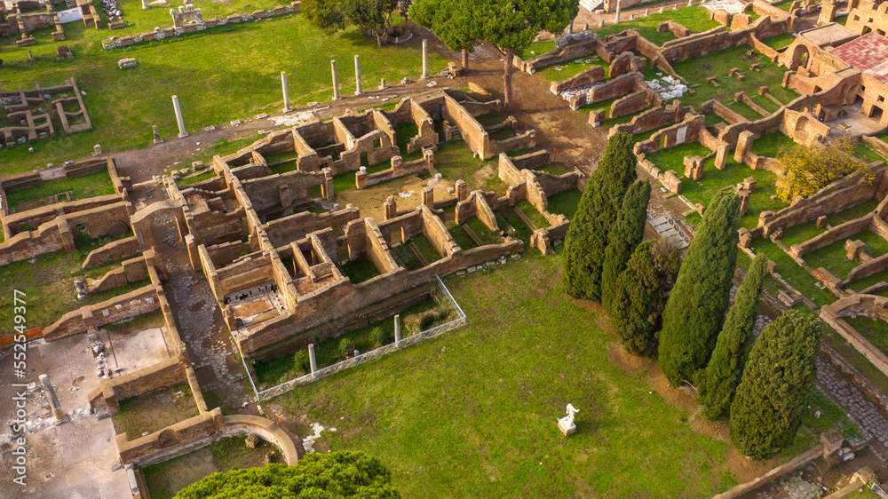 Aerial view of the Block of the Triclini in Ostia Antica. The archaeological area is located in Rome, Italy. 