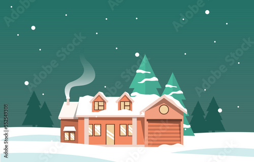 House Home in Night Snow Fall Winter Illustration © jongjawi