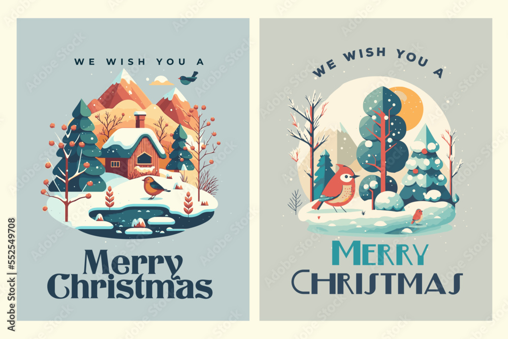 Merry Christmas Happy New Year Greetings Card Invitation Banner flat vector