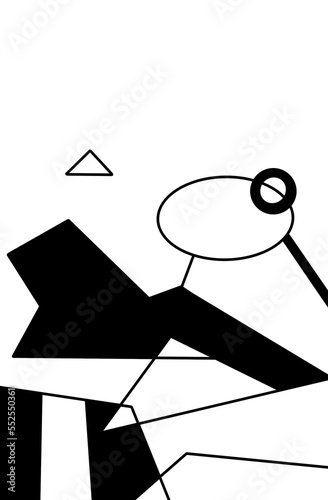 black and white graphic illustration with geometric shapes, human silhouette made of simple shapes.