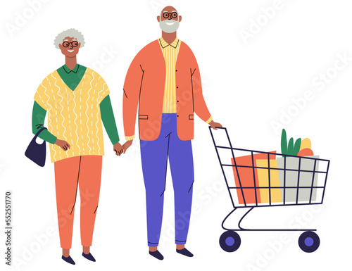 Elderly couple of old people with groceries in a basket. Grandparents with shopping from a supermarket or grocery store. Shopping and selling. Flat style. Vector isolated on white background.