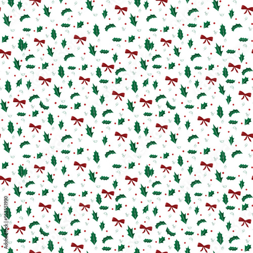 Christmas pattern with holly leaves red berries and burgundy bow on white background, seamless pattern for Christmas print.