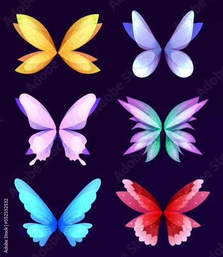 Fabulous creatures wings set. Different wings of fairy set. Vector cartoon set of wings pairs of magic and fantasy characters and animals isolated on white background