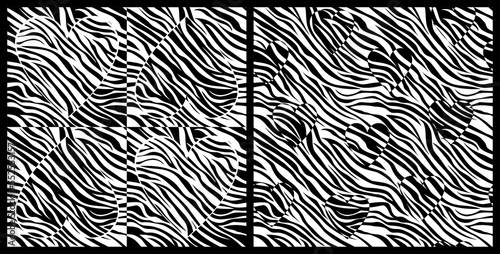 Set of abstract wild seamless patterns with zebra skin stripes hearts in white and black. Vector repeated backgrounds for textile, paper, cover, fabric, interior decoration. Eps 10