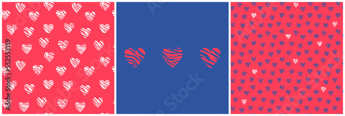 Set of vector seamless patterns with zebra stripes hearts in navy blue and red. Abstract illustration with animal zebra skin print for textile, paper, cover, fabric, interior decoration. Eps 10