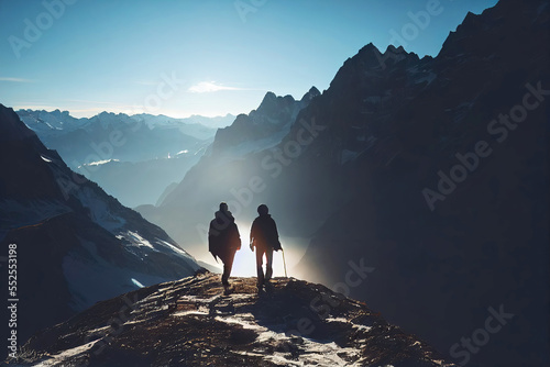 Couple hiking in swiss alp mountains and enjoying landscape panorama (Generative AI)