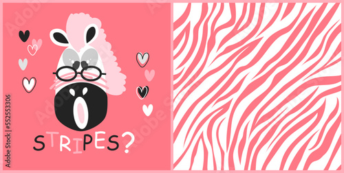 Funny zebra face vector and zebra seamless pattern in white, pink and gray. Hand drawn illustrations with comic zebra face and striped skin repeated background. Concept for children print. Eps 10