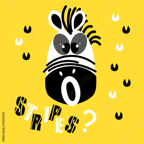 Funny zebra face vector. Hand drawn illustration with isolated comic zebra face. Concept for children print.. Eps 10