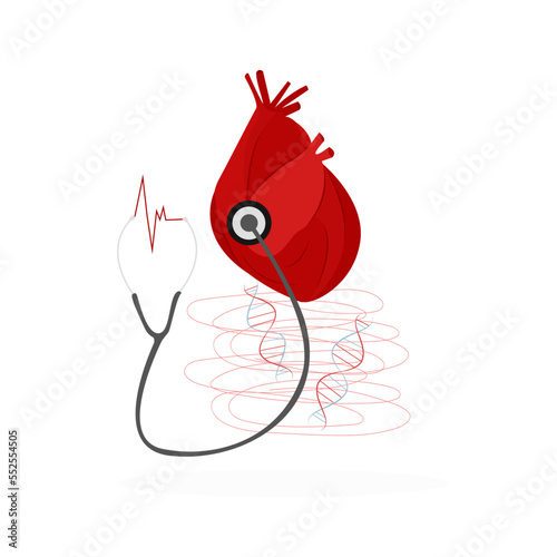 influence of genes on the human heart . The stethoscope listens to the heart rate. Vector illustration in a flat cardiology style
